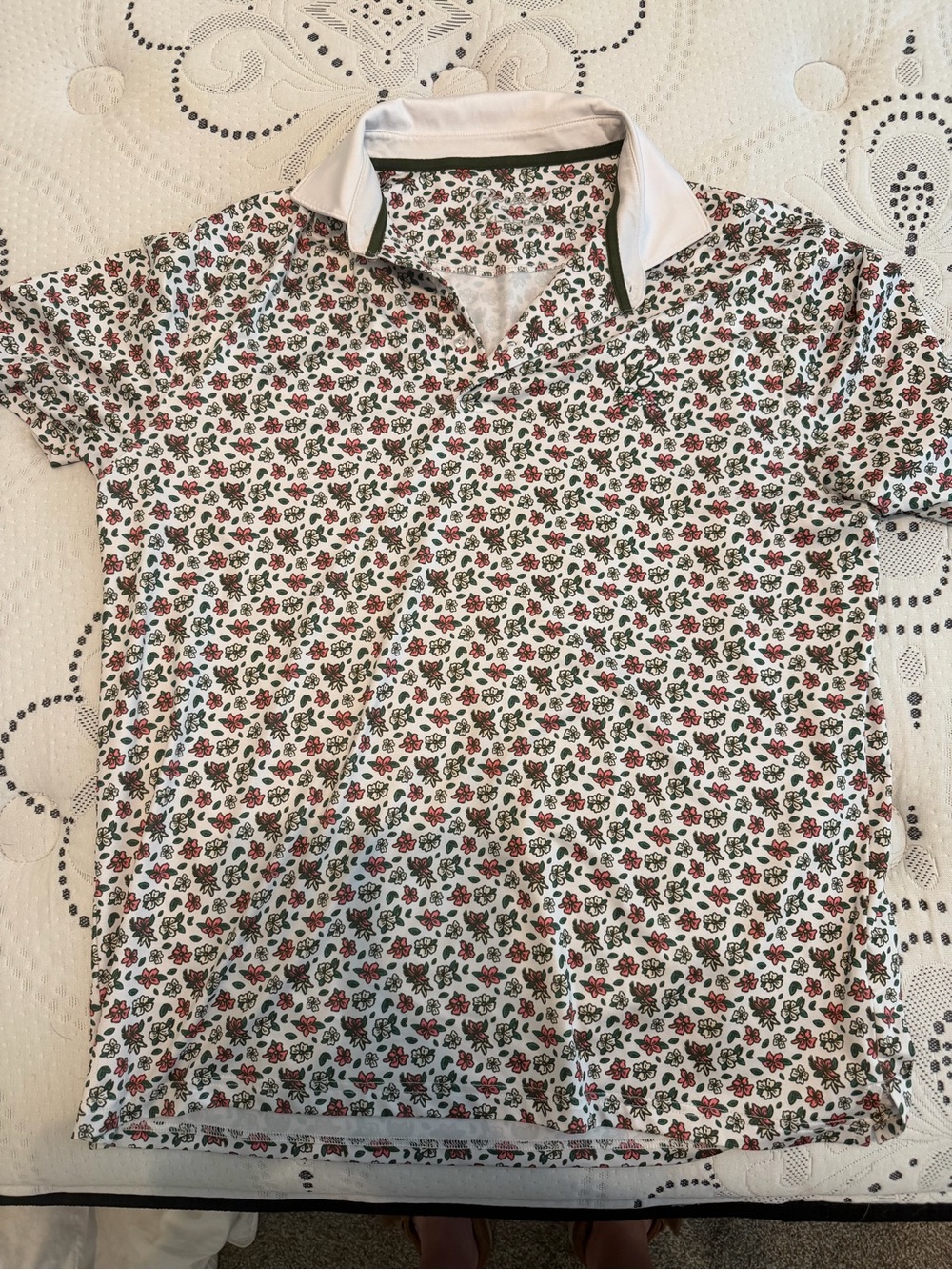 White Floral Print Polo Shirt with Red and Green Accents
